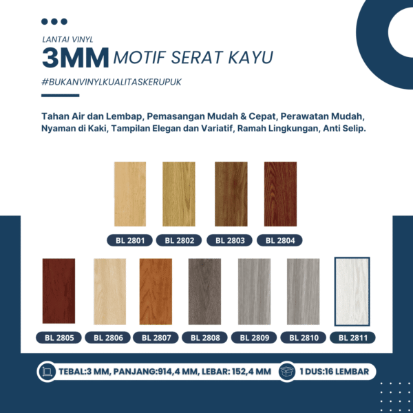Lantai Vinly 3mm Motif Serat Kayu